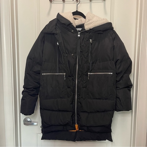 OROLAY Viral Women's Black 6 Pocket Puffer Coat with Orange Lining Size Large - Picture 4 of 7